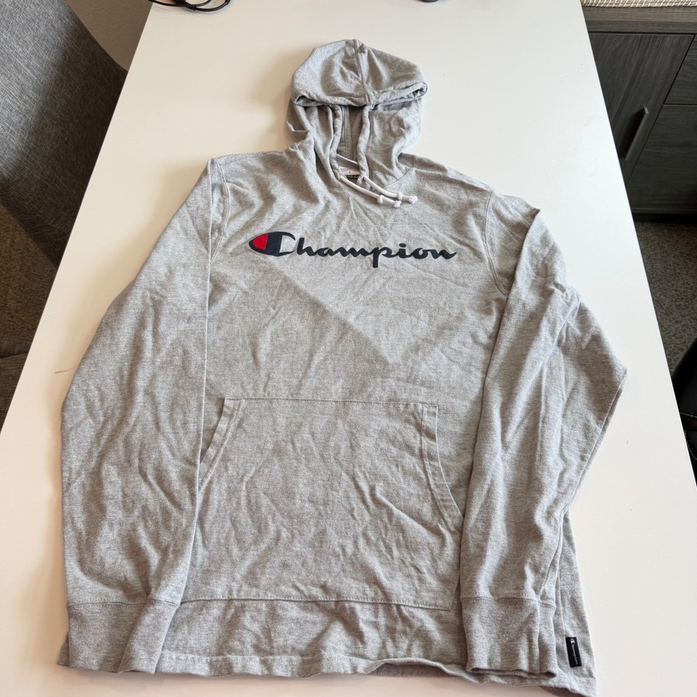Champion Mens Script Logo Hoodie Heather Gray Lightweight Pullover Size M Casual